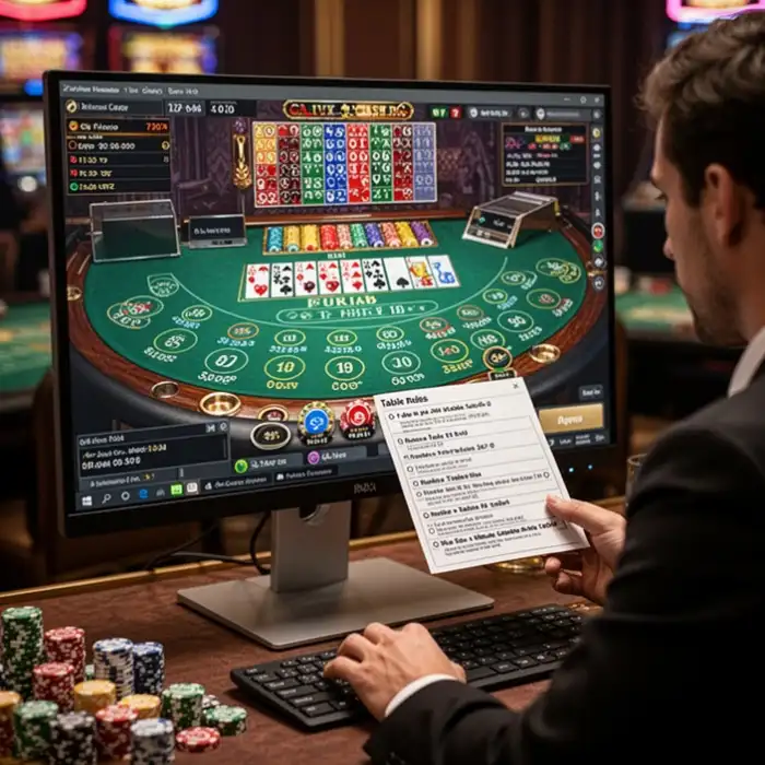 A desktop monitor displays a live casino lobby while a player checks the table rules.