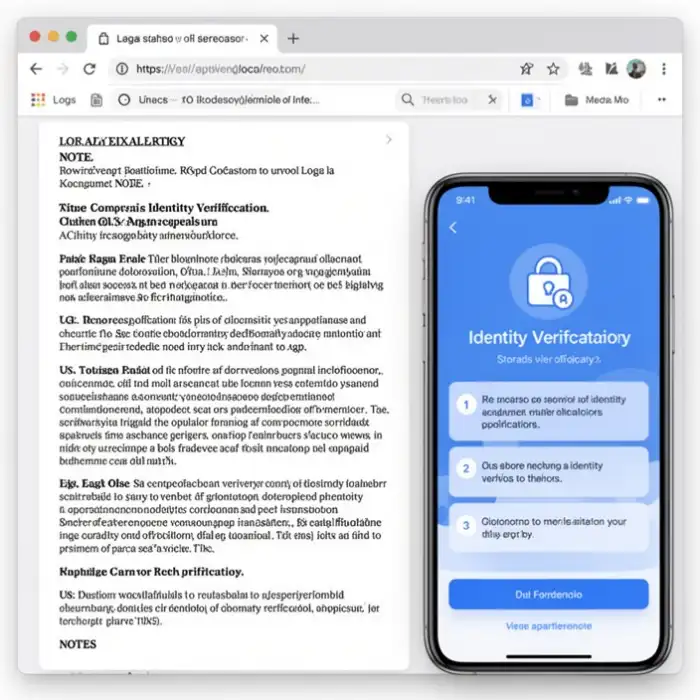 A browser window shows legal notes beside a phone with identity verification steps.