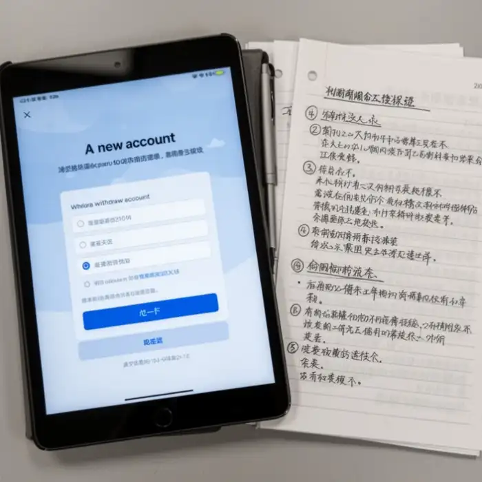 A new account screen appears on a tablet next to notes about withdrawal conditions.