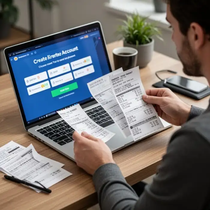 A player compares payment notes beside a laptop before choosing where to create an account.