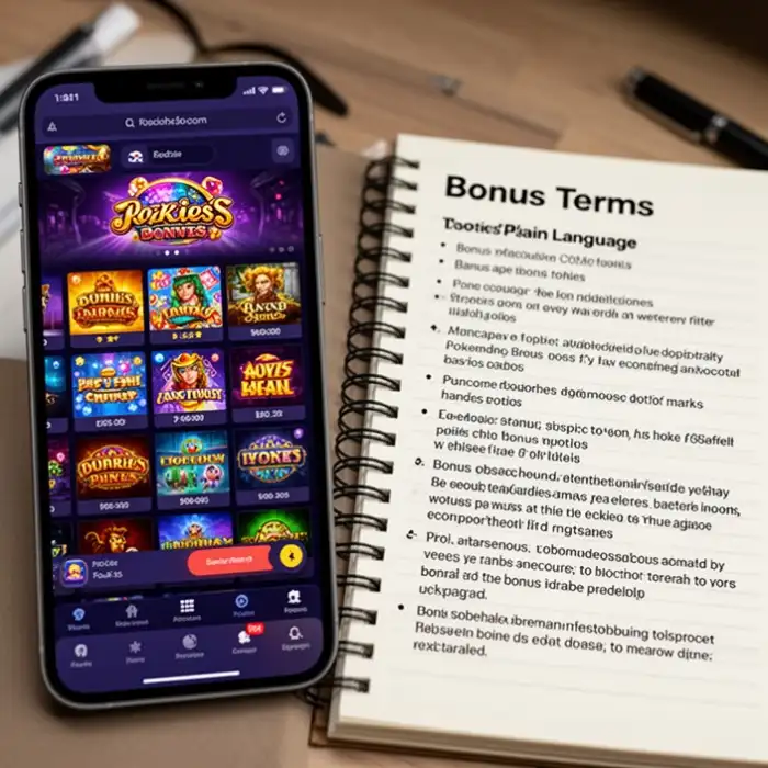 A mobile screen shows a pokies lobby while a notebook lists bonus terms in plain language.