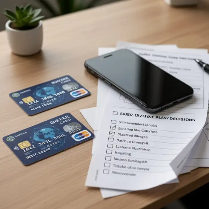 A calm desk scene has a bank card, phone, and checklist for safer online play decisions.
