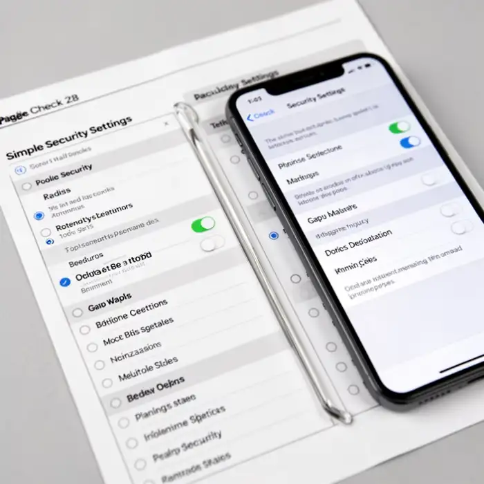 A simple comparison sheet rests under a phone with app security settings visible for page check 28.