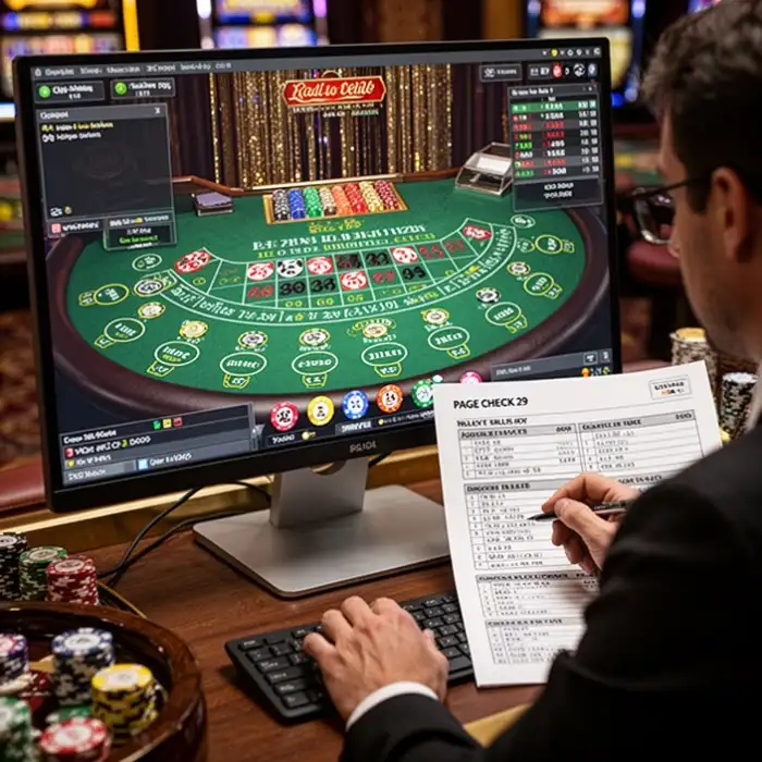 A desktop monitor displays a live casino lobby while a player checks the table rules for page check 29.