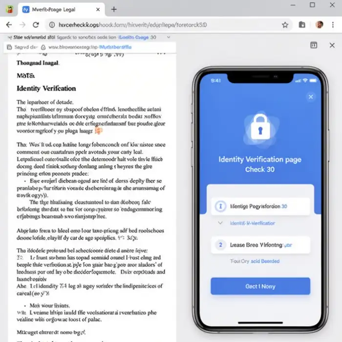 A browser window shows legal notes beside a phone with identity verification steps for page check 30.