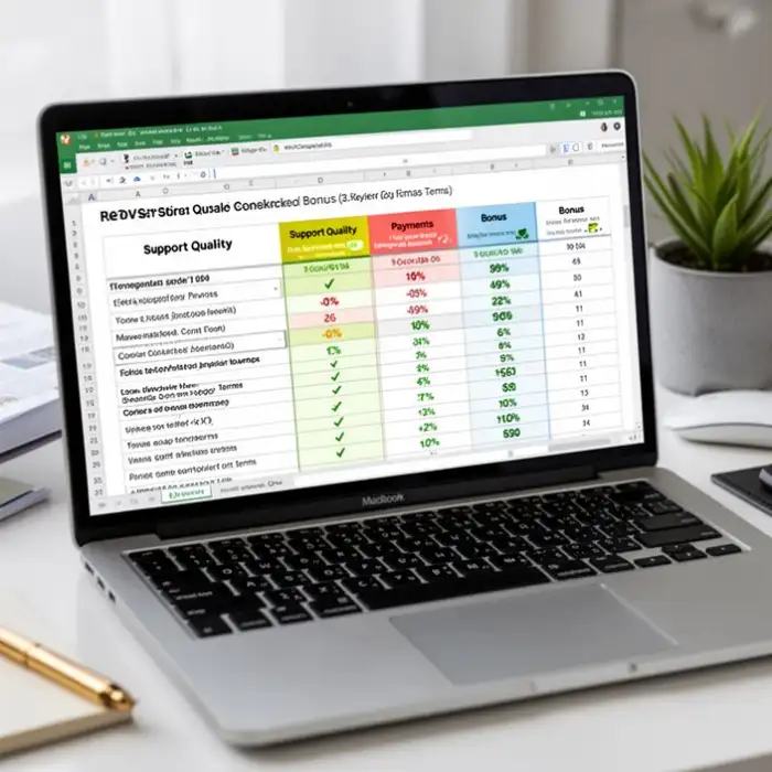 A review spreadsheet on a laptop compares support quality, payments, and bonus terms.