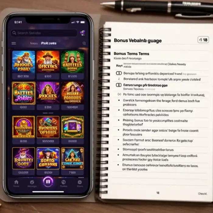 A mobile screen shows a pokies lobby while a notebook lists bonus terms in plain language for page check 18.