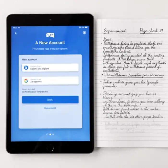 A new account screen appears on a tablet next to notes about withdrawal conditions for page check 31.