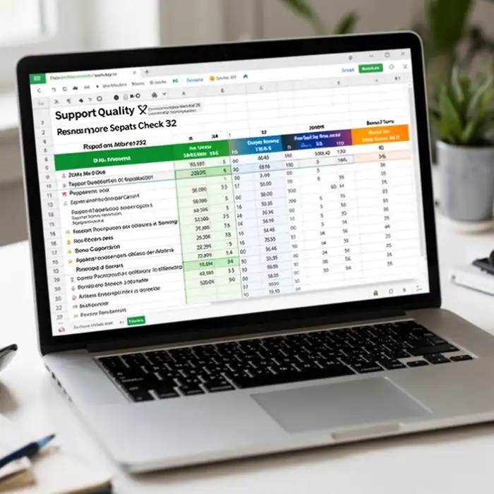 A review spreadsheet on a laptop compares support quality, payments, and bonus terms for page check 32.