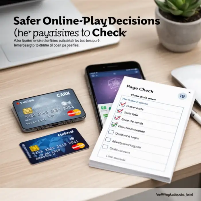 A calm desk scene has a bank card, phone, and checklist for safer online play decisions for page check 19.