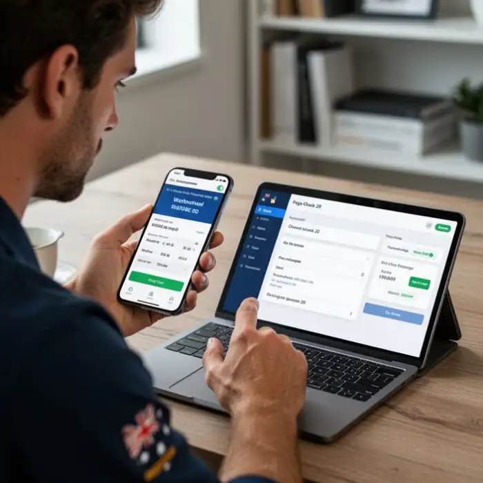 An Australian player checks withdrawal timing on a phone while a tablet shows account settings for page check 20.