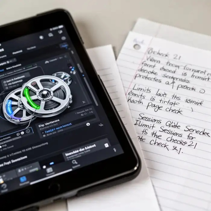 A close view of reels on a tablet sits beside written notes about limits and sessions for page check 21.