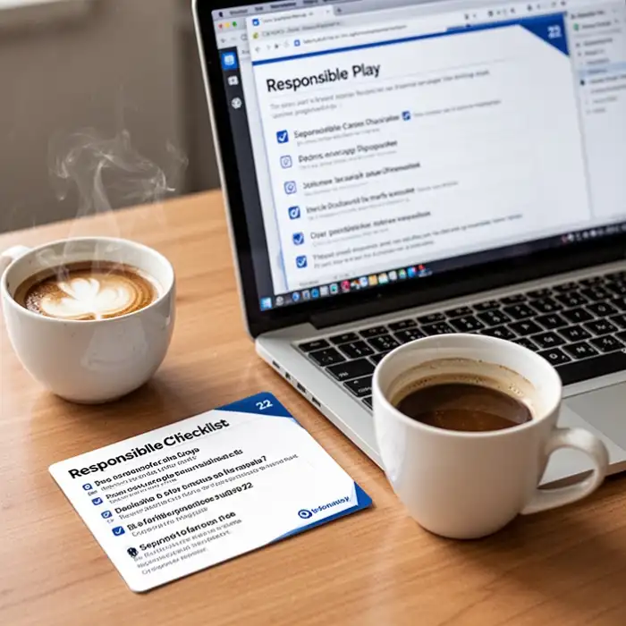 A support card and coffee cup sit near a laptop opened to a responsible play checklist for page check 22.