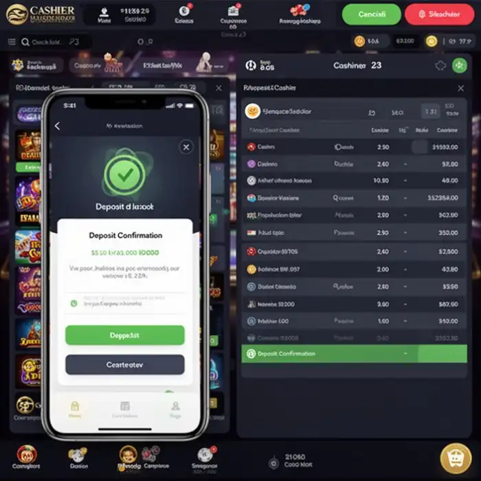 A phone displays a deposit confirmation while the player reviews the casino cashier screen for page check 23.