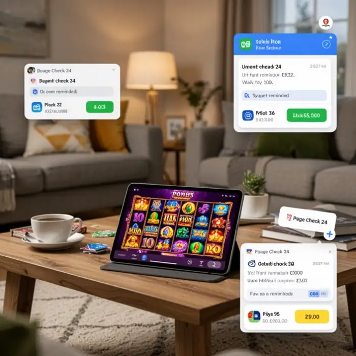 A living room setup shows pokies on a tablet with payment reminders pinned nearby for page check 24.