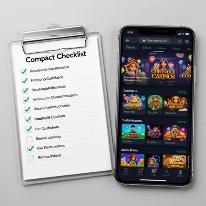 A compact checklist sits next to a smartphone showing a clean online casino menu.