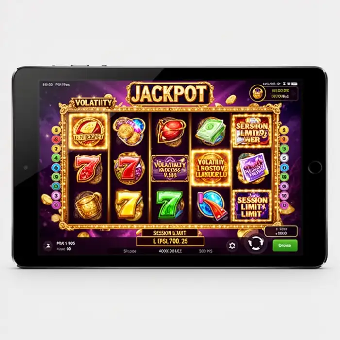 A tablet shows a jackpot style slot page with notes about volatility and session limits.