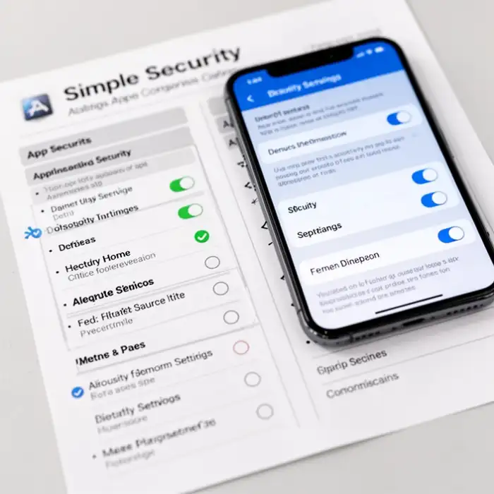 A simple comparison sheet rests under a phone with app security settings visible.