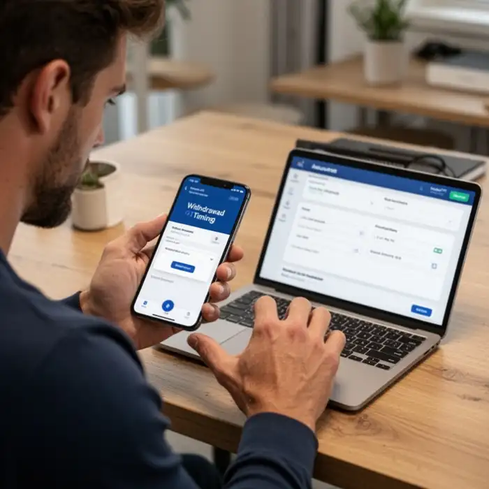 An Australian player checks withdrawal timing on a phone while a tablet shows account settings.