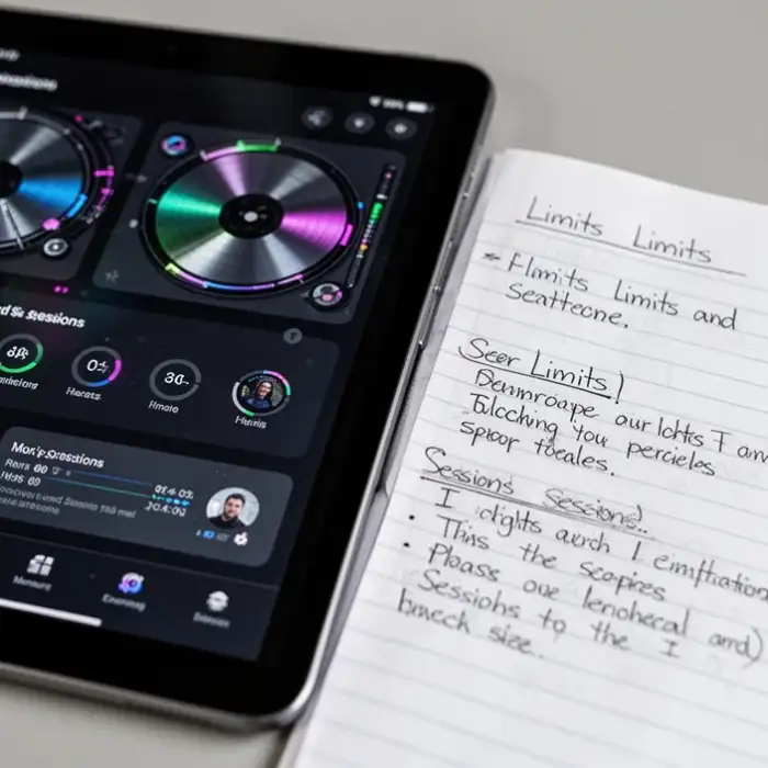 A close view of reels on a tablet sits beside written notes about limits and sessions.