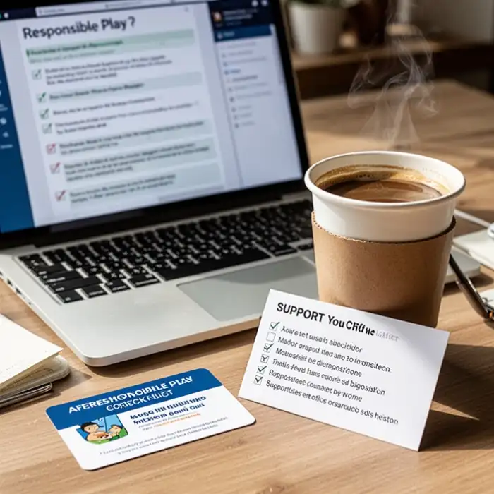 A support card and coffee cup sit near a laptop opened to a responsible play checklist.