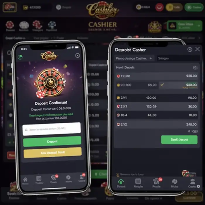 A phone displays a deposit confirmation while the player reviews the casino cashier screen.