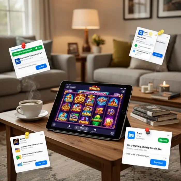 A living room setup shows pokies on a tablet with payment reminders pinned nearby.