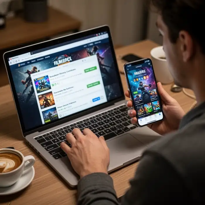 A person reviews game information on a laptop before opening the mobile version.