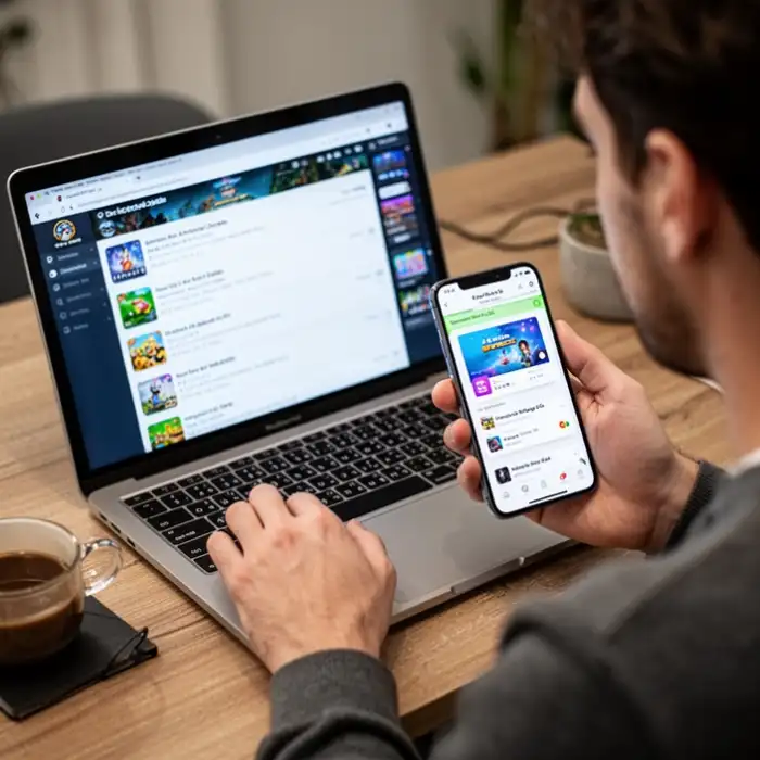 A person reviews game information on a laptop before opening the mobile version for page check 25.