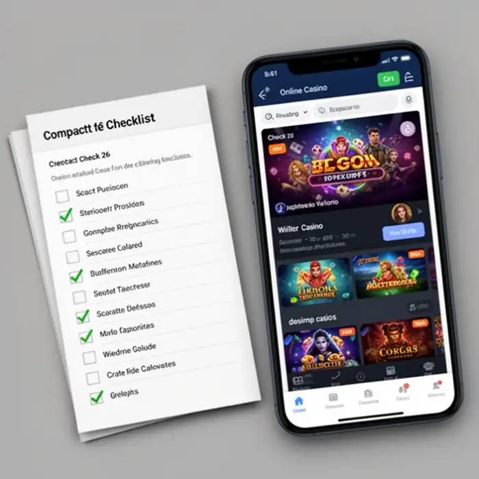 A compact checklist sits next to a smartphone showing a clean online casino menu for page check 26.