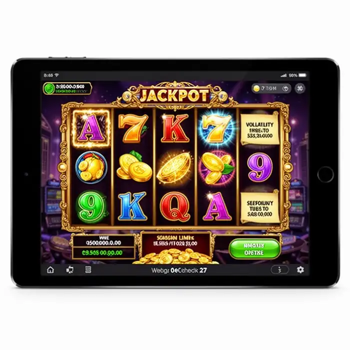A tablet shows a jackpot style slot page with notes about volatility and session limits for page check 27.